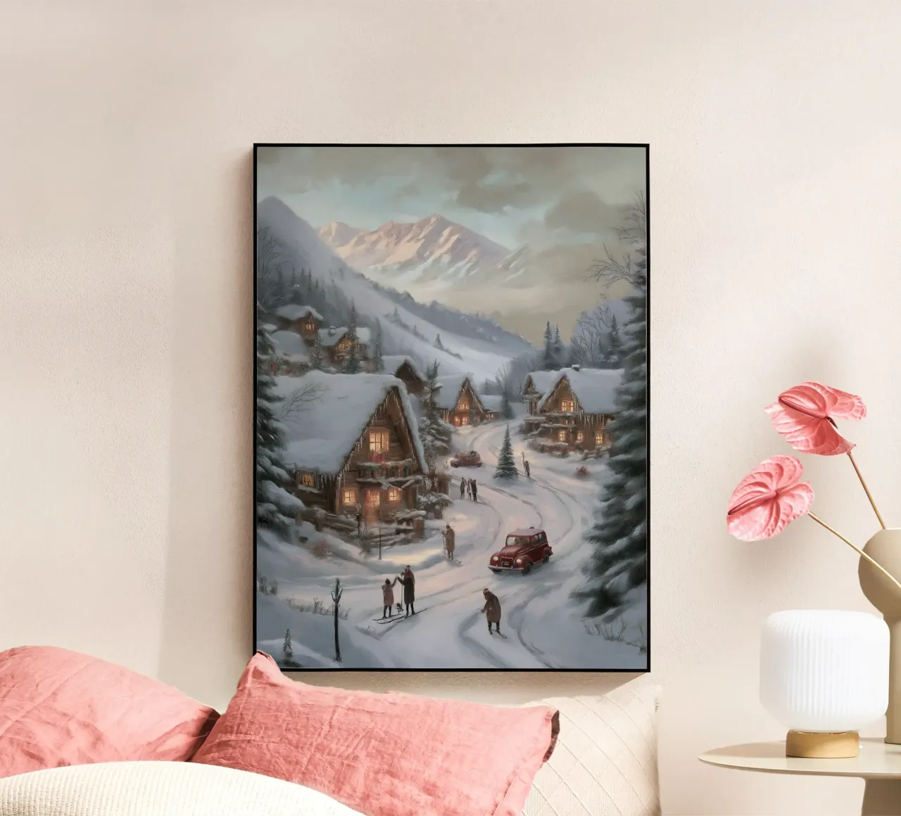 Villaggio invernale di montagna con case e luci innevate plexiglass da Cozy Vibes