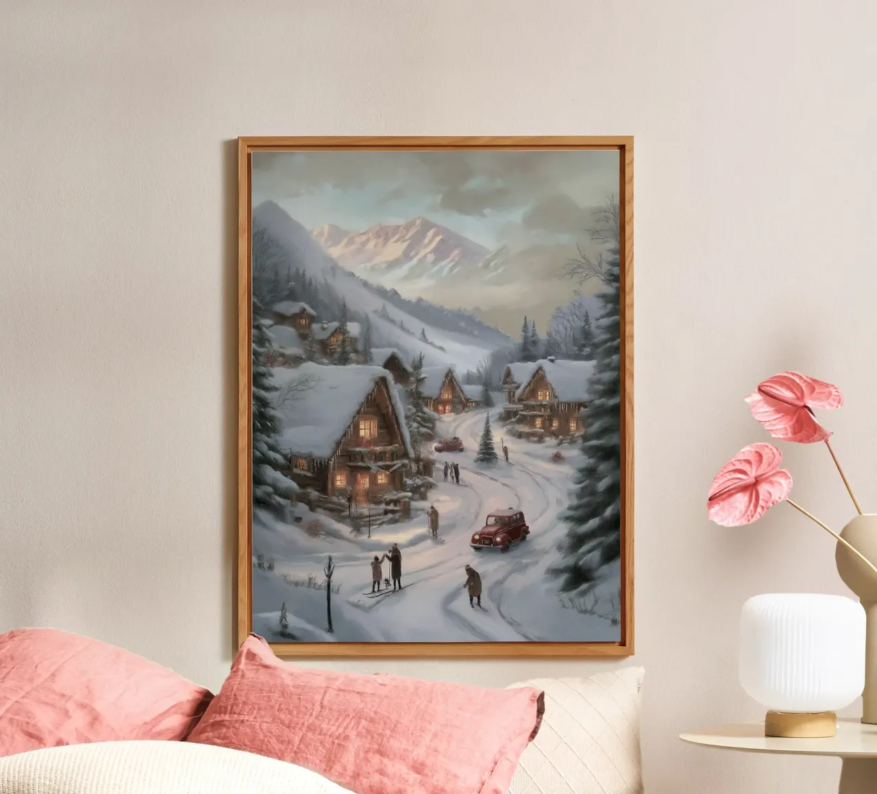 Villaggio invernale di montagna con case e luci innevate alluminio dibond da Cozy Vibes