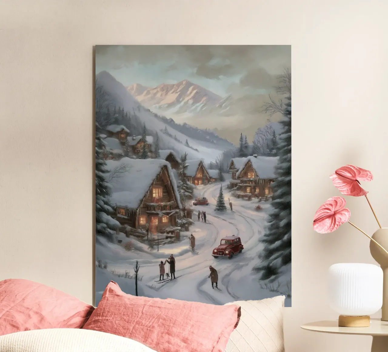 Villaggio invernale di montagna con case e luci innevate alluminio dibond da Cozy Vibes