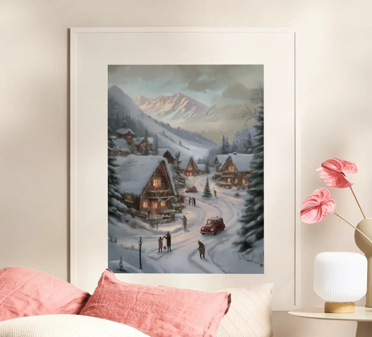 Villaggio invernale di montagna con case e luci innevate carta hahnemühle da Cozy Vibes