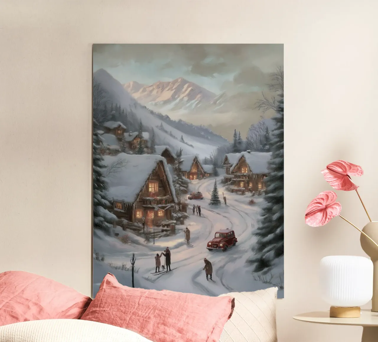 Villaggio invernale di montagna con case e luci innevate carta hahnemühle da Cozy Vibes