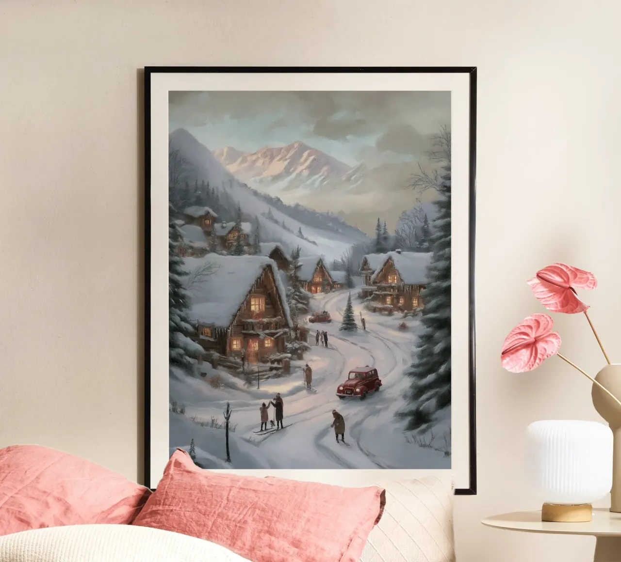 Villaggio invernale di montagna con case e luci innevate carta hahnemühle da Cozy Vibes