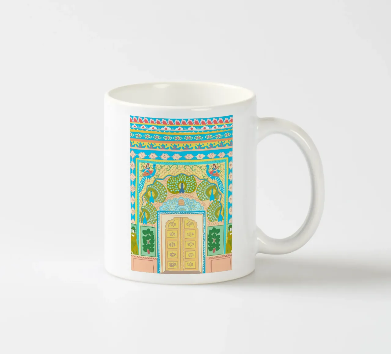 Porta dei pavoni a Jaipur, arte Mughal, Illustrazione tazza in ceramica da Taika Tori Art