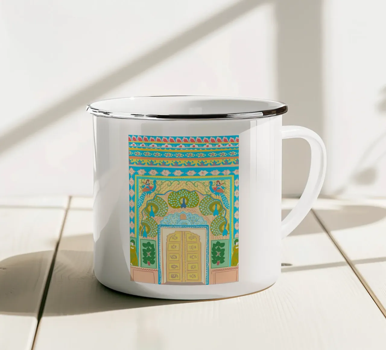 Porta dei pavoni a Jaipur, arte Mughal, Illustrazione tazza in smalto da Taika Tori Art