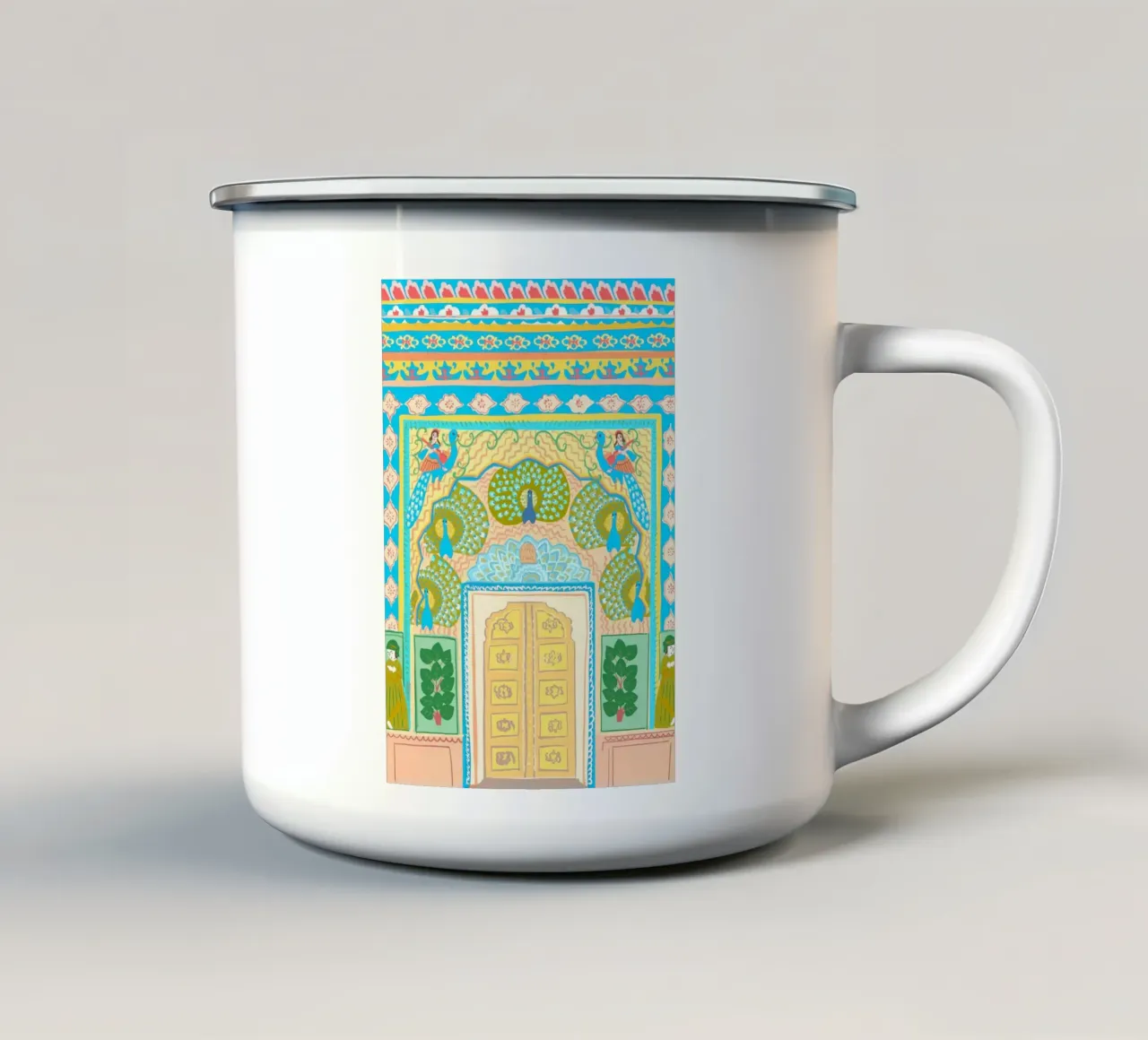 Porta dei pavoni a Jaipur, arte Mughal, Illustrazione tazza in smalto da Taika Tori Art