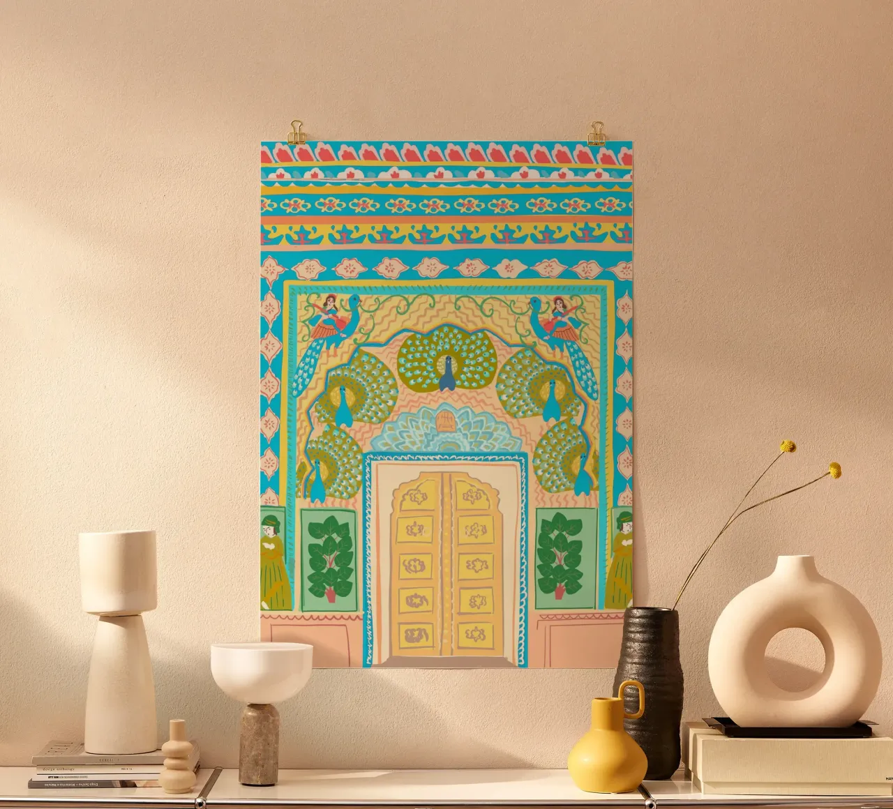 Porta dei pavoni a Jaipur, arte Mughal, Illustrazione carta hahnemühle da Taika Tori Art