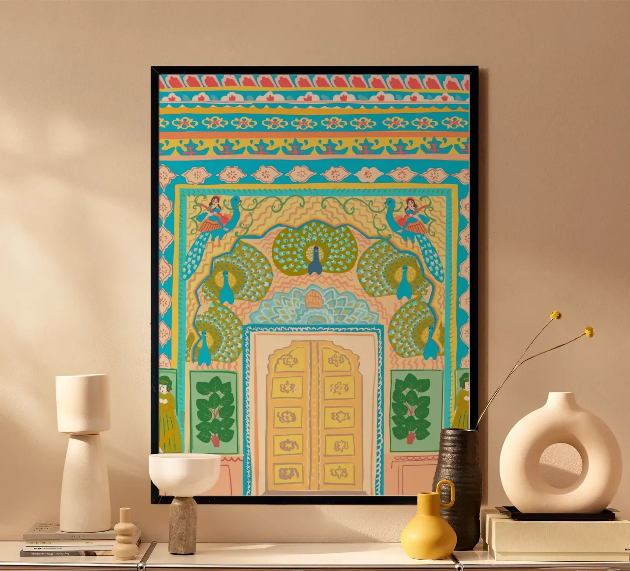 Porta dei pavoni a Jaipur, arte Mughal, Illustrazione carta hahnemühle da Taika Tori Art