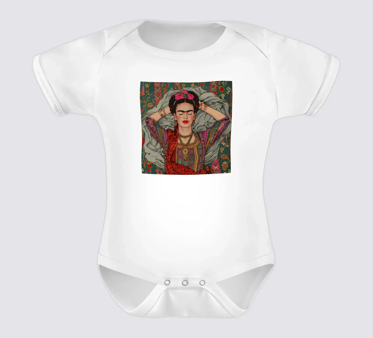 Floral folk art Frida short-sleeve baby romper by Carinaprint