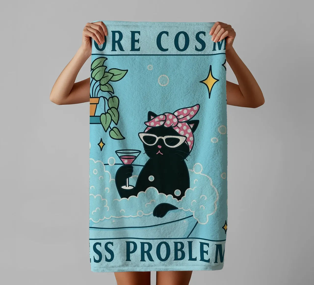 more cosmo less problemo funny cat drawing towel by dahlianz