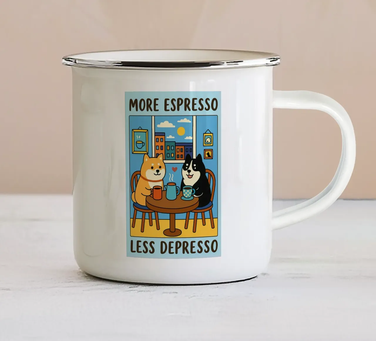più espresso meno despresso divertente disegno di un cane tazza in smalto da dahlianz