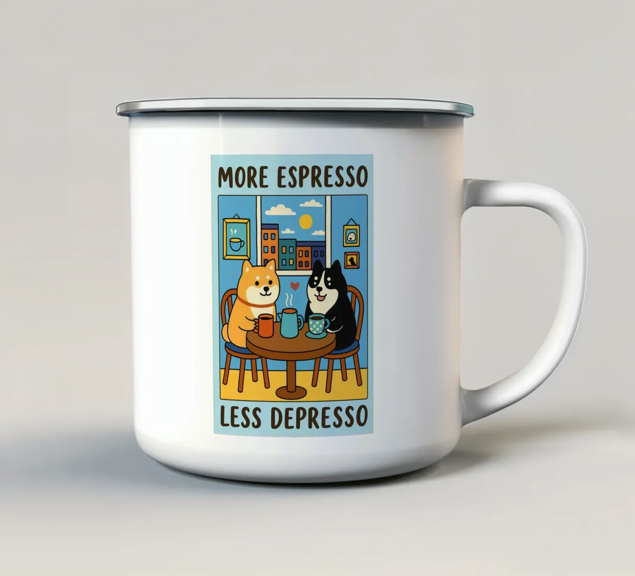 più espresso meno despresso divertente disegno di un cane tazza in smalto da dahlianz