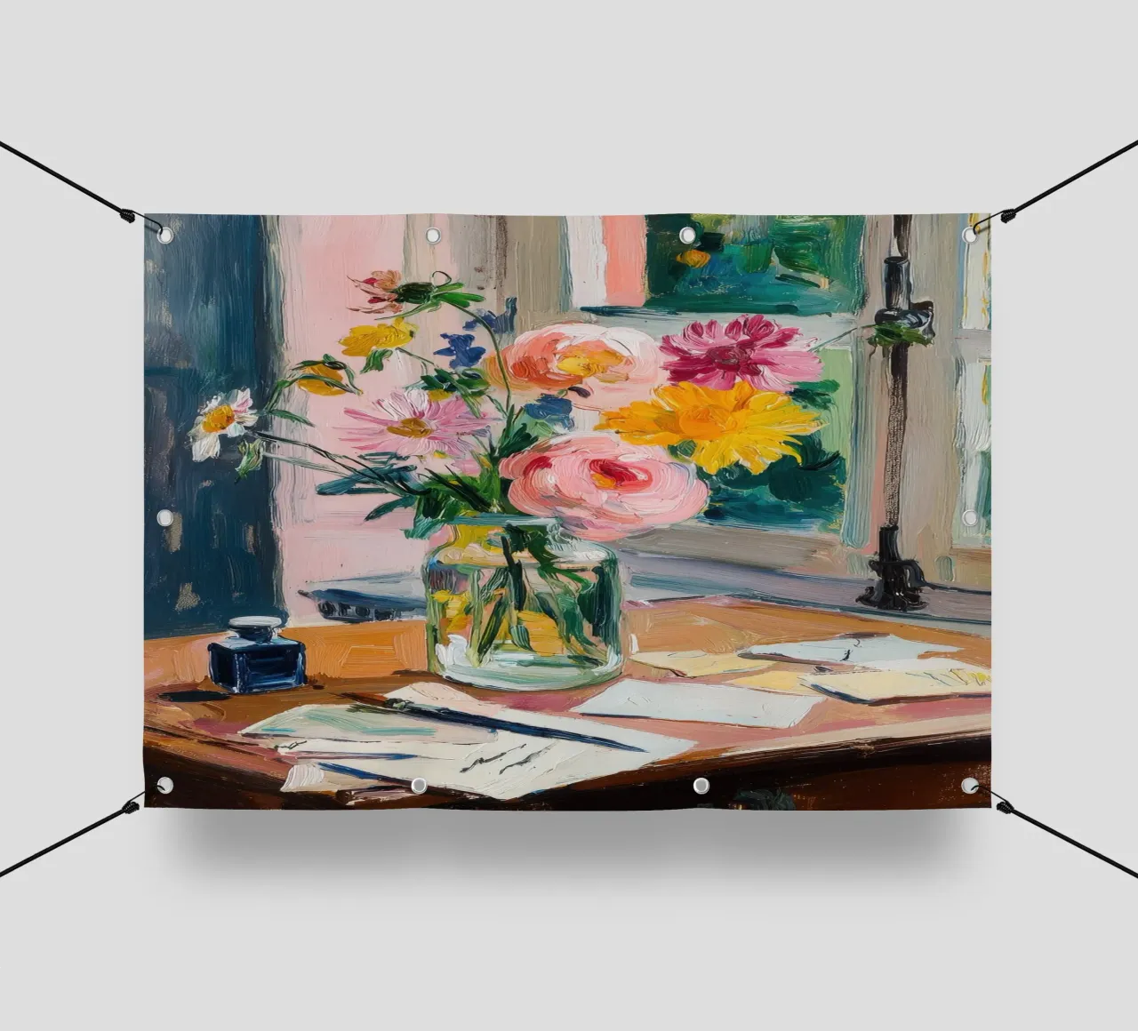 Fiori colorati su una scrivania rustica telo in pvc da ArtByNiki