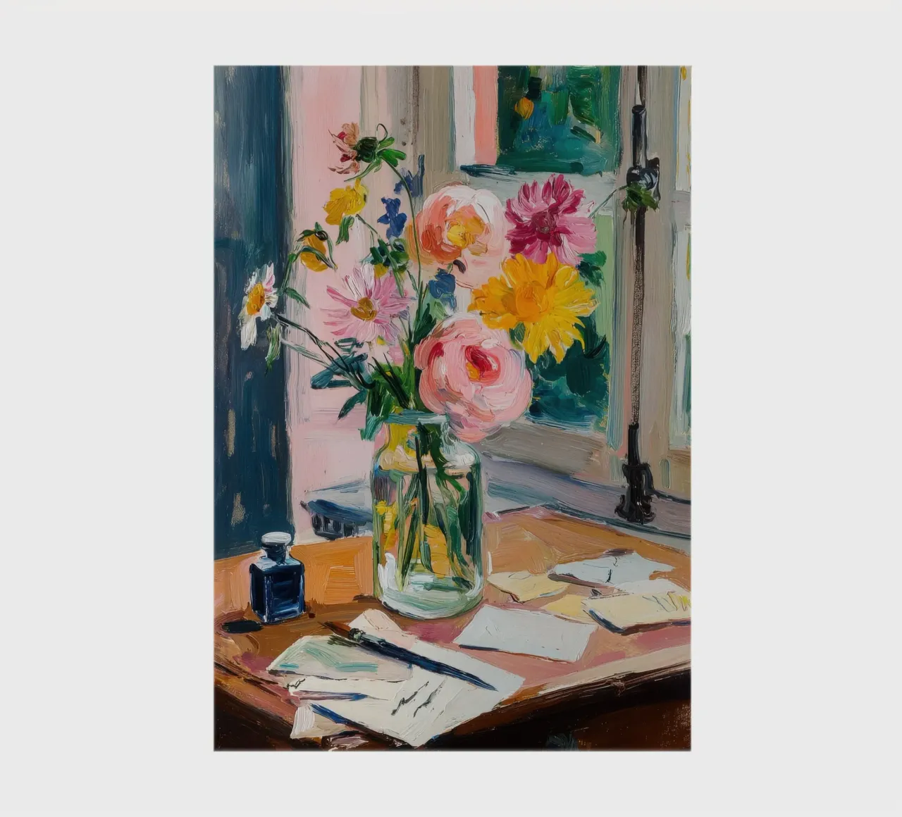 Fiori colorati su una scrivania rustica diario da ArtByNiki
