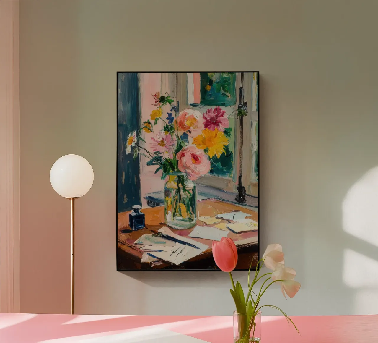 Fiori colorati su una scrivania rustica plexiglass da ArtByNiki