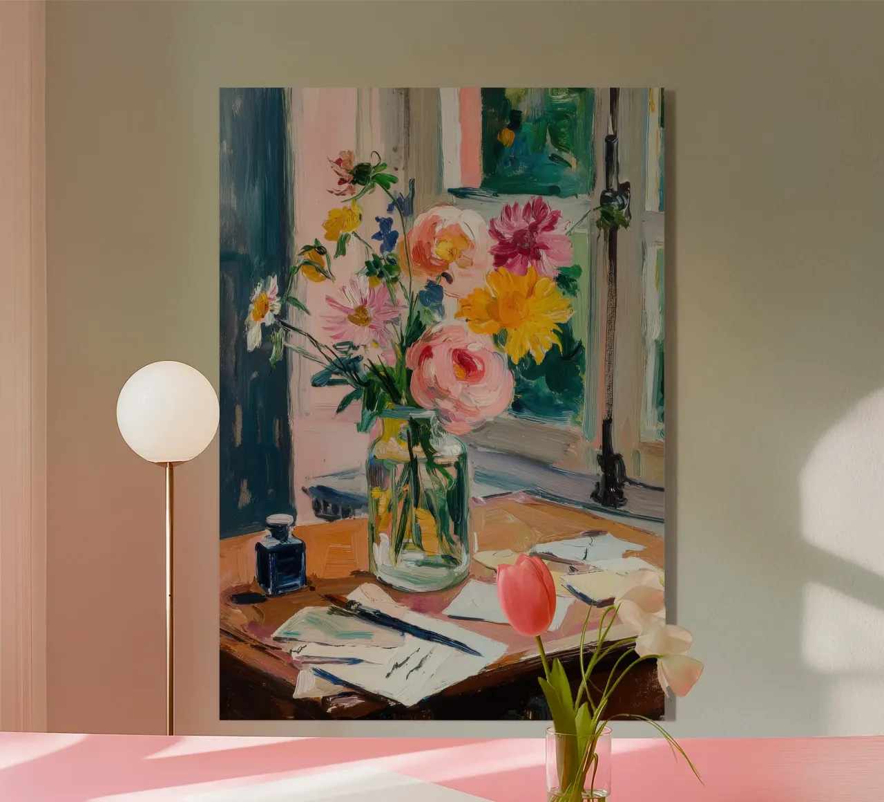 Fiori colorati su una scrivania rustica plexiglass da ArtByNiki
