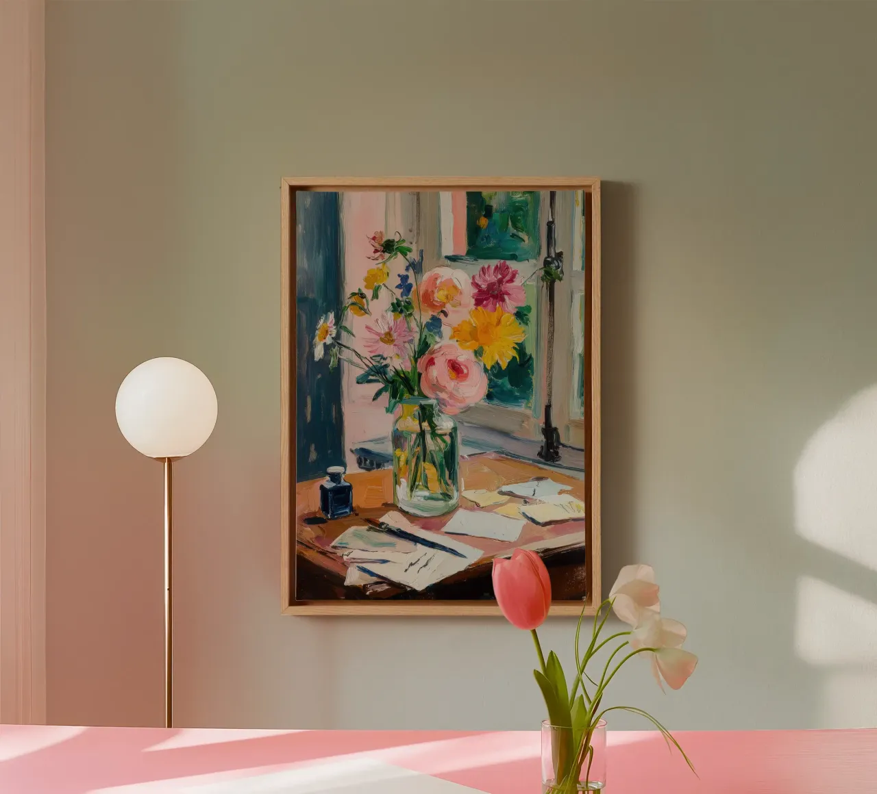 Fiori colorati su una scrivania rustica tela da ArtByNiki