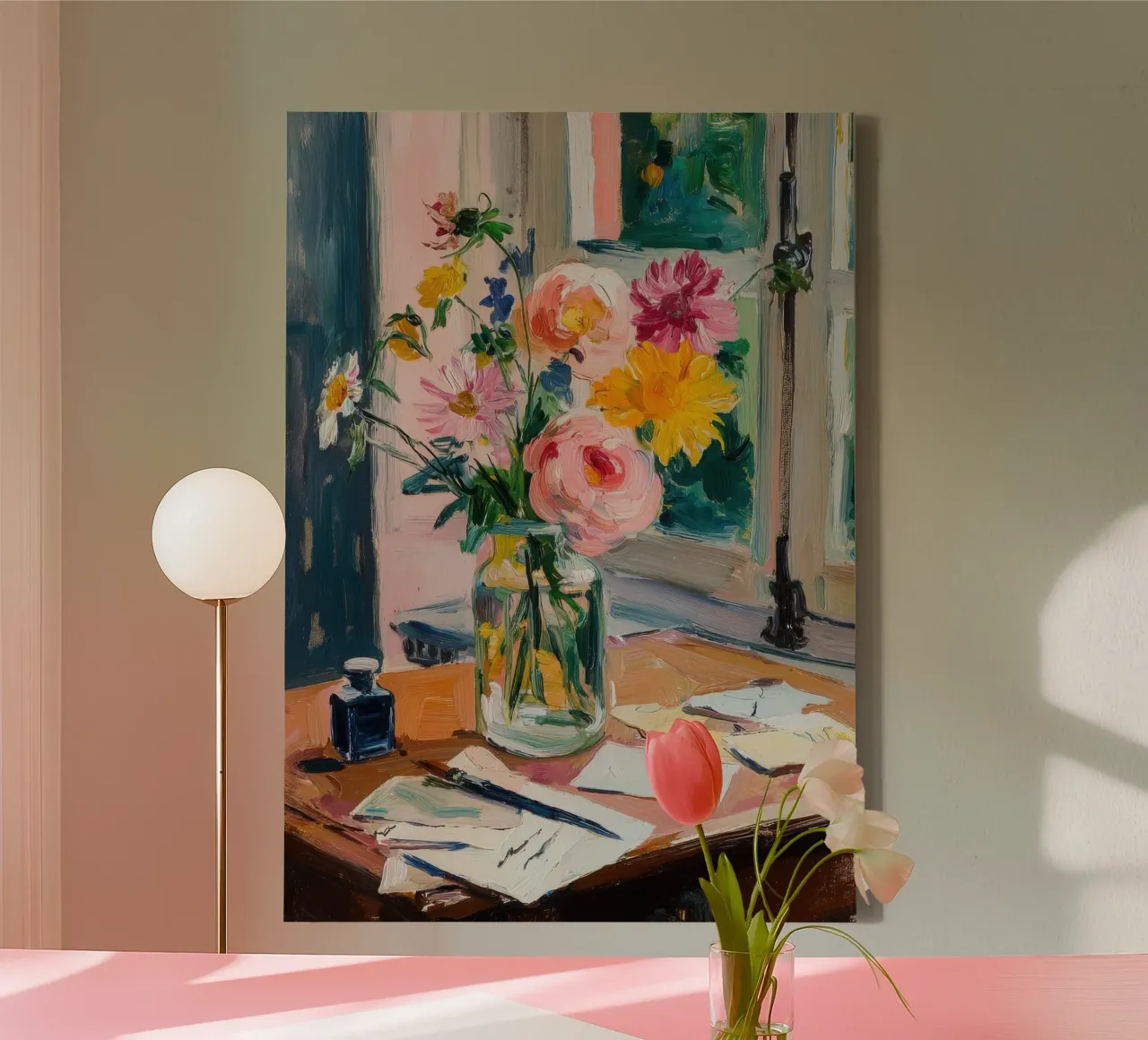 Fiori colorati su una scrivania rustica tela da ArtByNiki