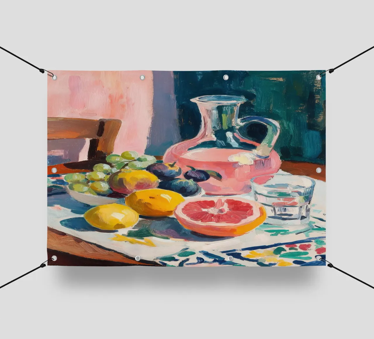 Frutta colorata con caraffa di vetro rosa telo in pvc da ArtByNiki