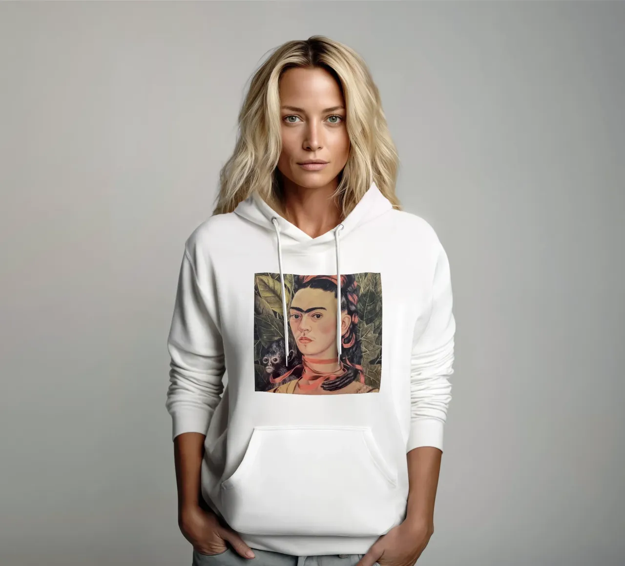 Ritratto di Frida Kahlo con scimmia felpa con cappuccio da Carinaprint