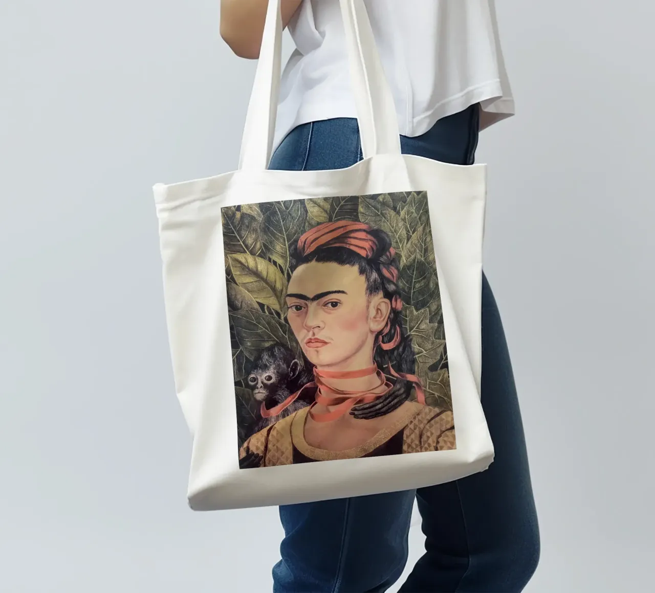 Portrait Frida Kahlo with monkey tote bag by Carinaprint