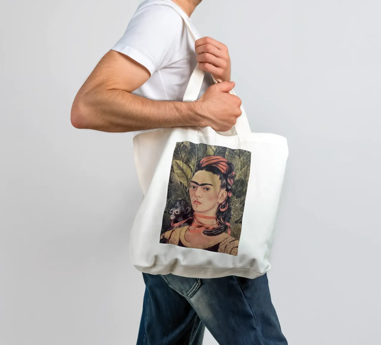 Portrait Frida Kahlo with monkey tote bag by Carinaprint