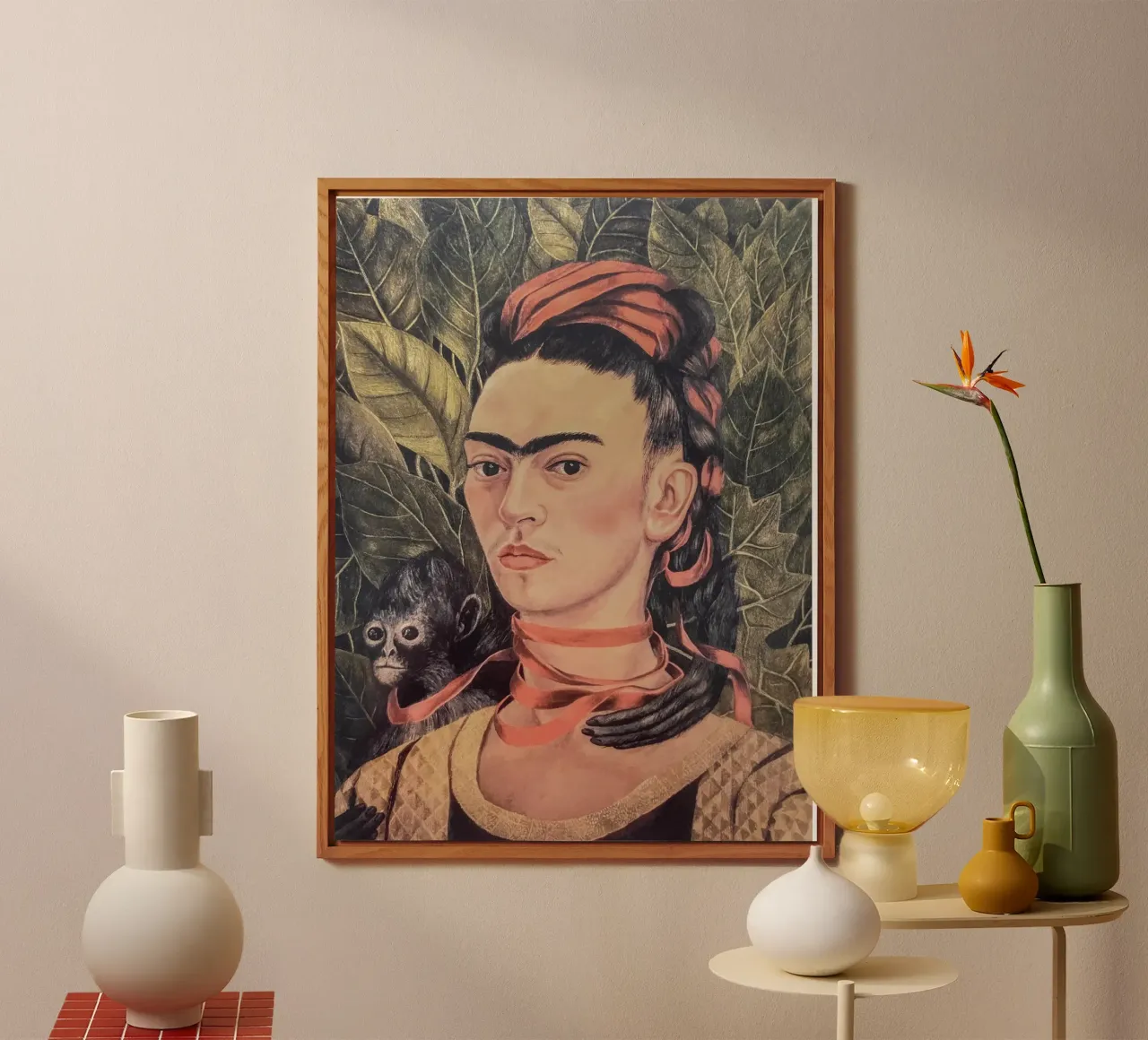 Portret Frida Kahlo met aap aluminium-dibond van Carinaprint