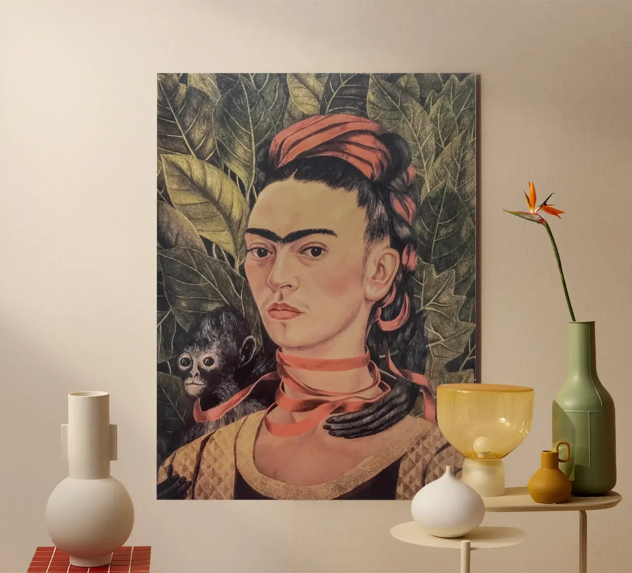 Portret Frida Kahlo met aap aluminium-dibond van Carinaprint
