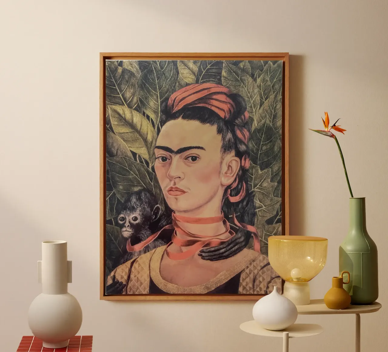 Portrait Frida Kahlo with monkey canvas with Floater frame by Carinaprint