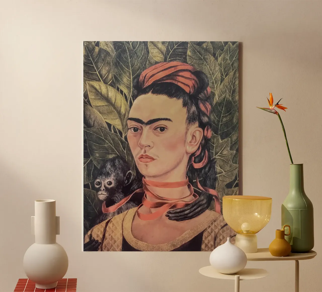 Portrait Frida Kahlo with monkey canvas with Floater frame by Carinaprint