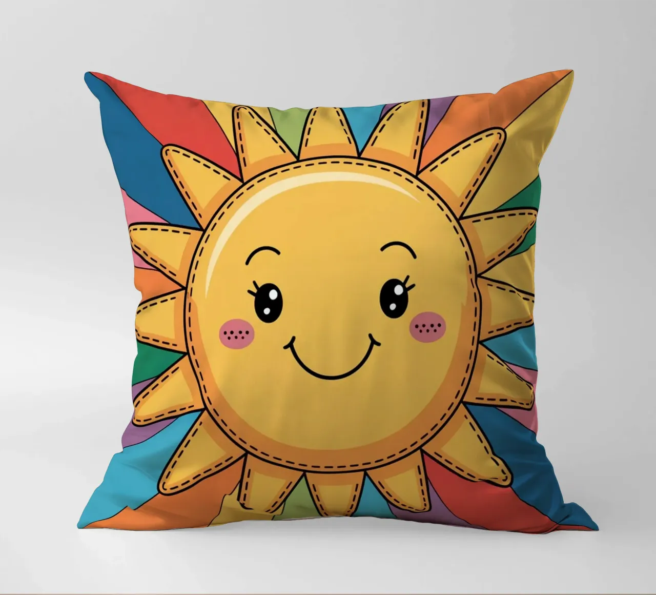 Sole sorridente Kawaii con raggi arcobaleno cuscino da logic