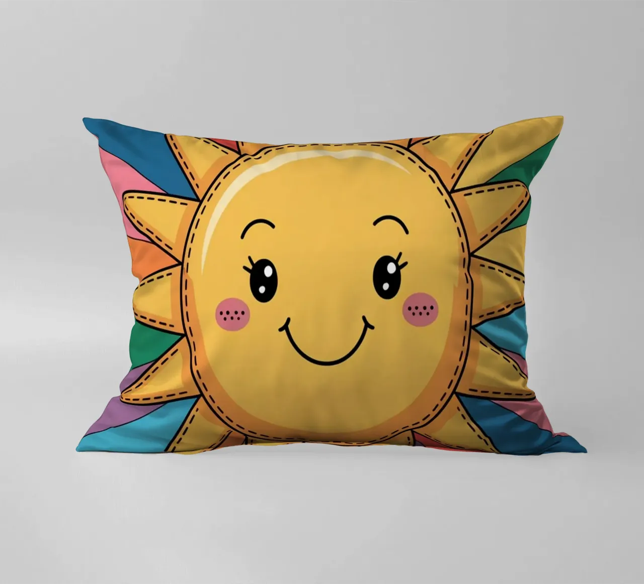 Sole sorridente Kawaii con raggi arcobaleno cuscino da logic