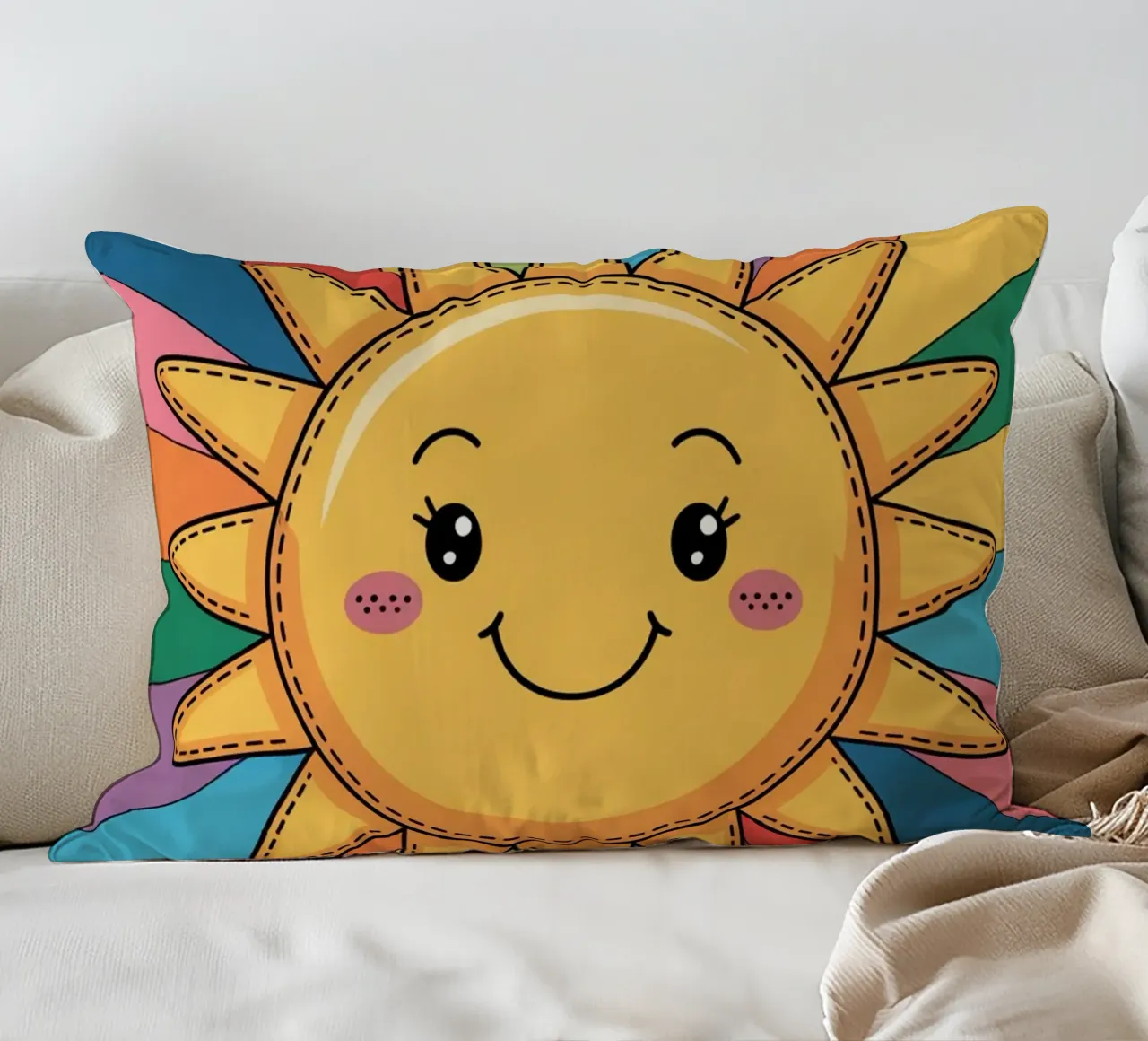 Sole sorridente Kawaii con raggi arcobaleno cuscino da logic