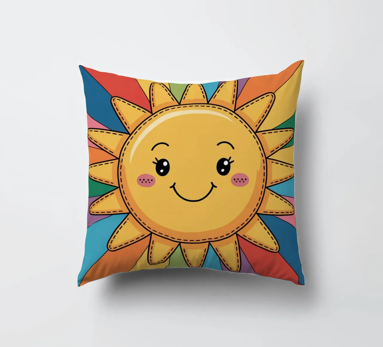Sole sorridente Kawaii con raggi arcobaleno cuscino da logic