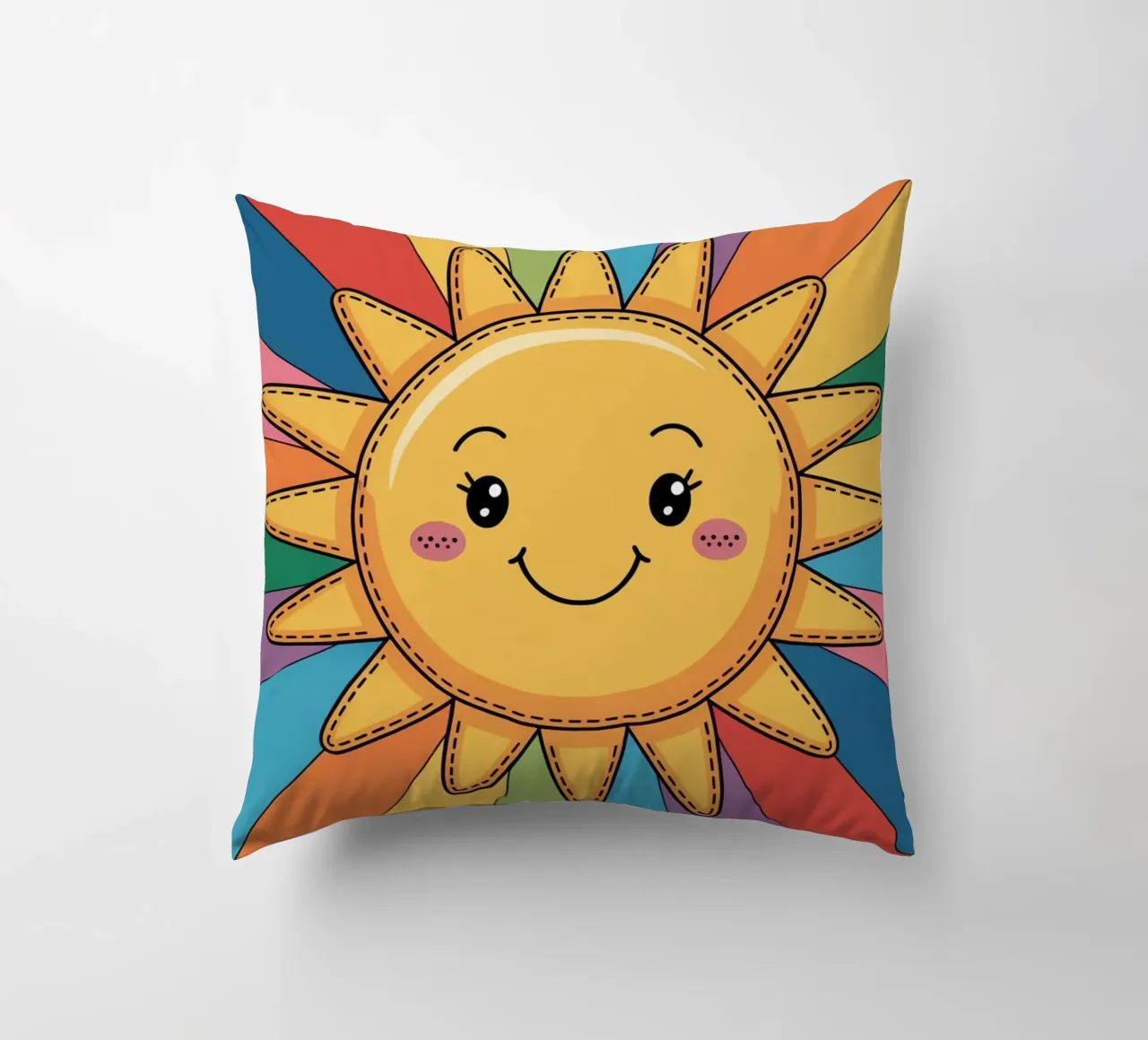 Sole sorridente Kawaii con raggi arcobaleno cuscino da logic