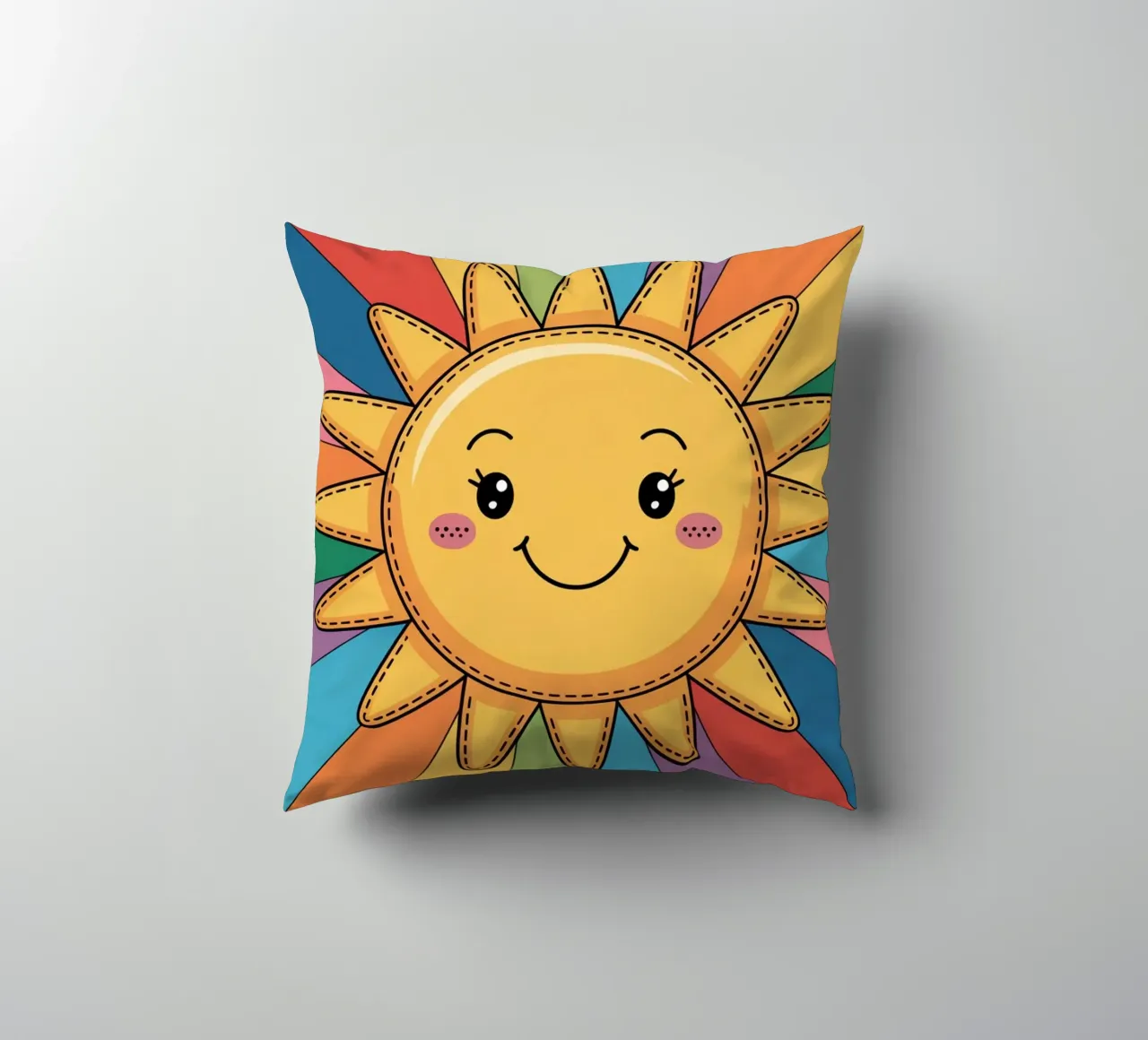Sole sorridente Kawaii con raggi arcobaleno cuscino da logic