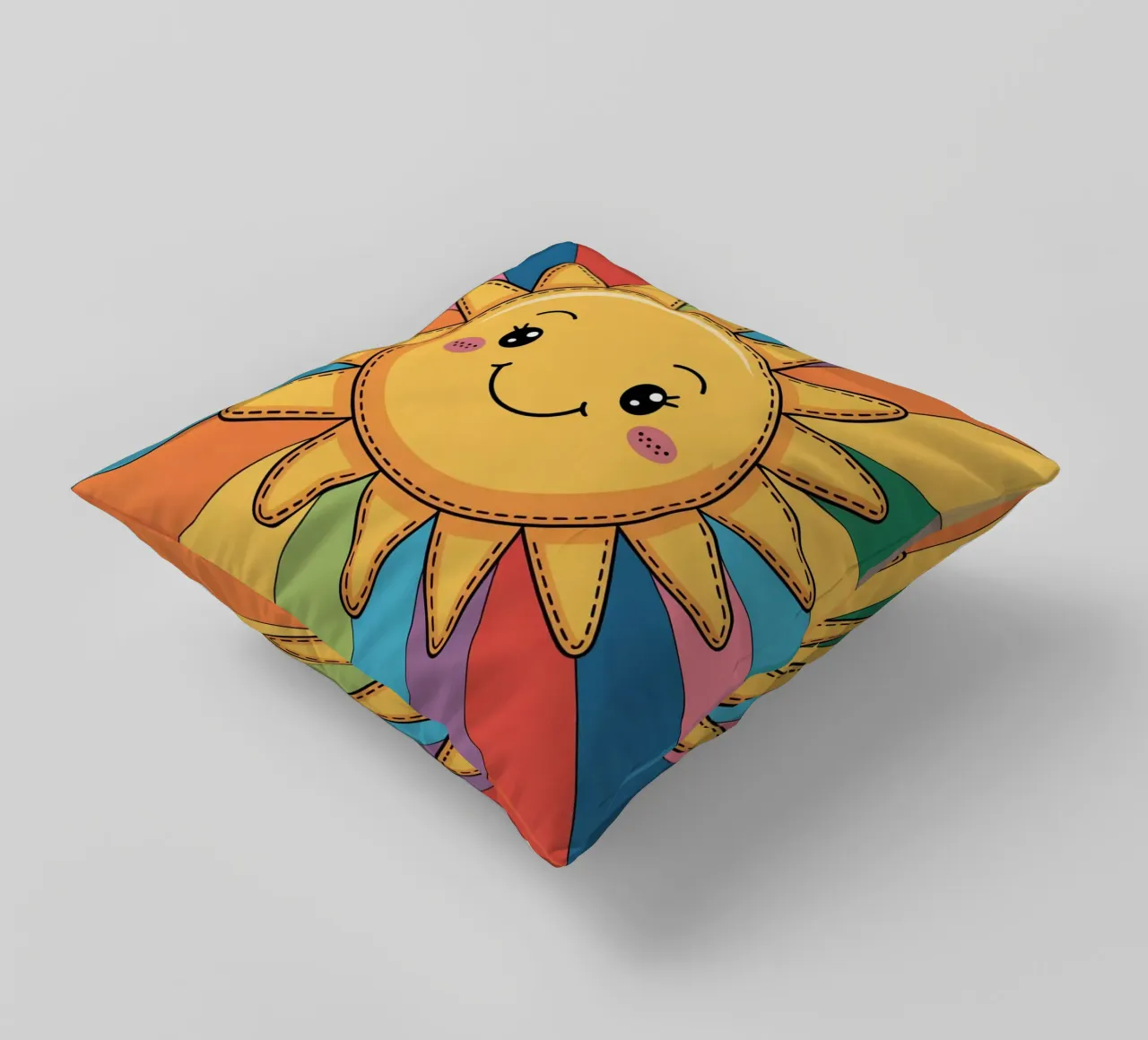 Sole sorridente Kawaii con raggi arcobaleno cuscino da logic