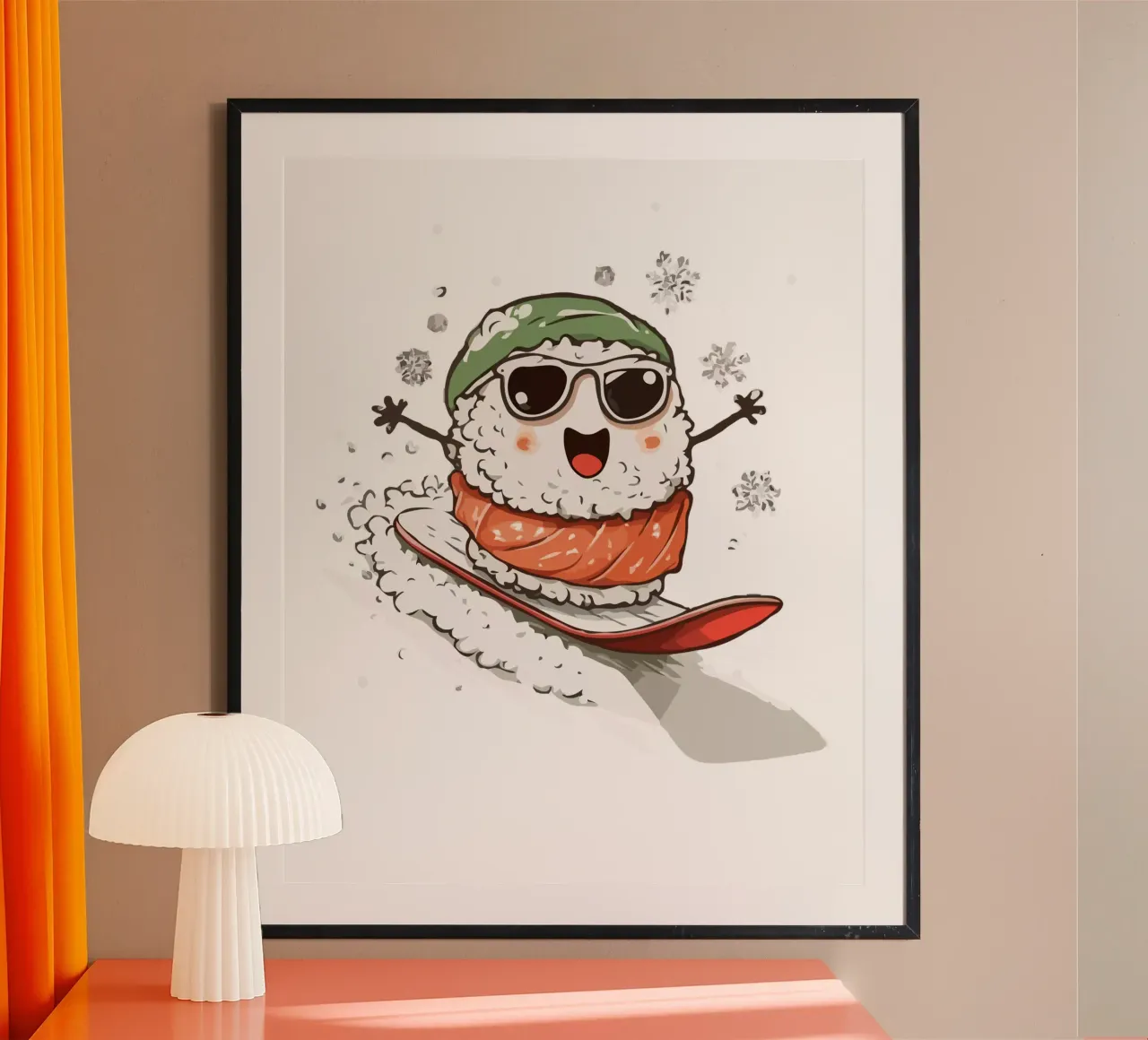 sushi snowboard poster con telaio in alluminio da edsonramosart