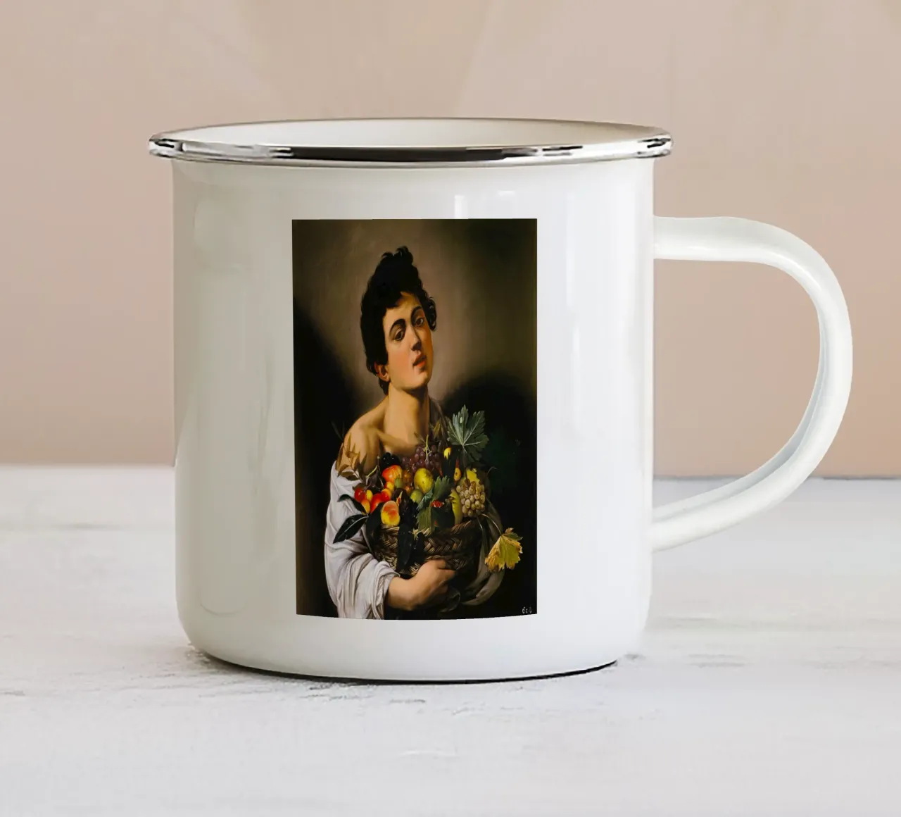 Caravaggio - Ragazzo con canestro di frutta, 1593 tazza in smalto da William Store