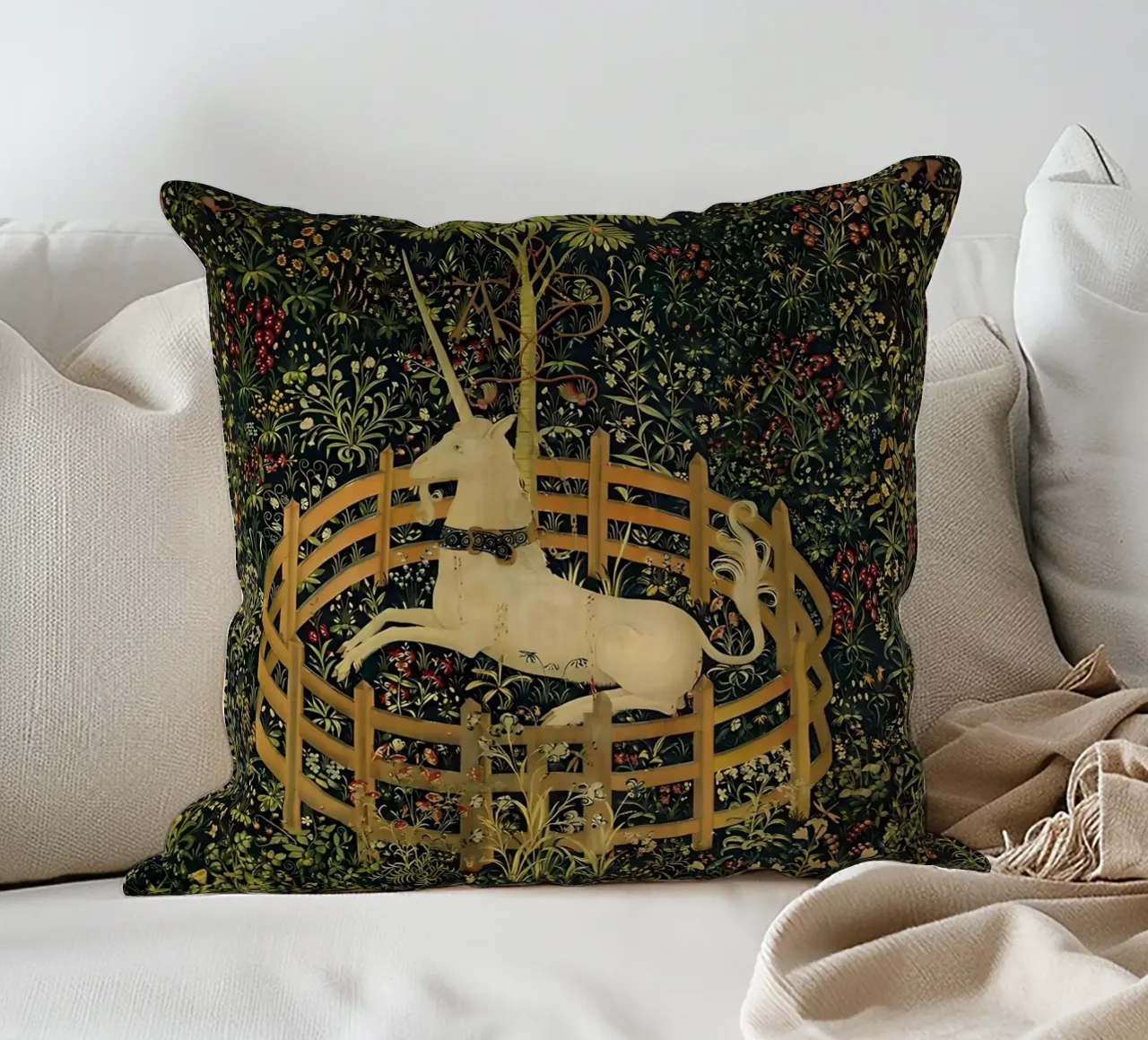 Unicorn in Captivity decorative cushion by William Store