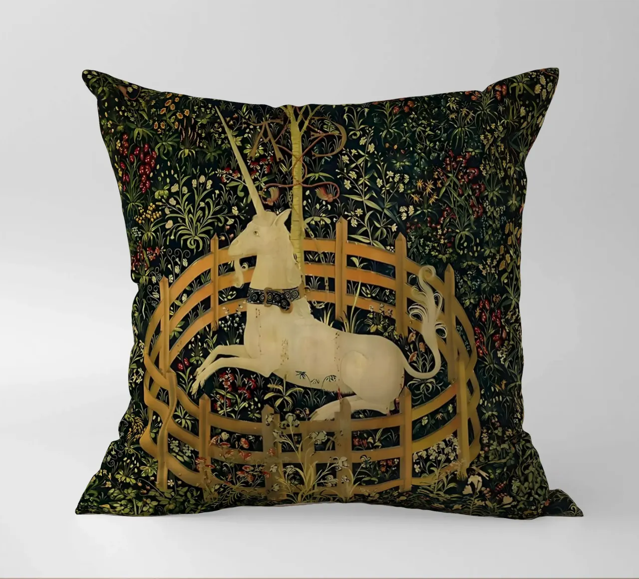 Unicorn in Captivity decorative cushion by William Store