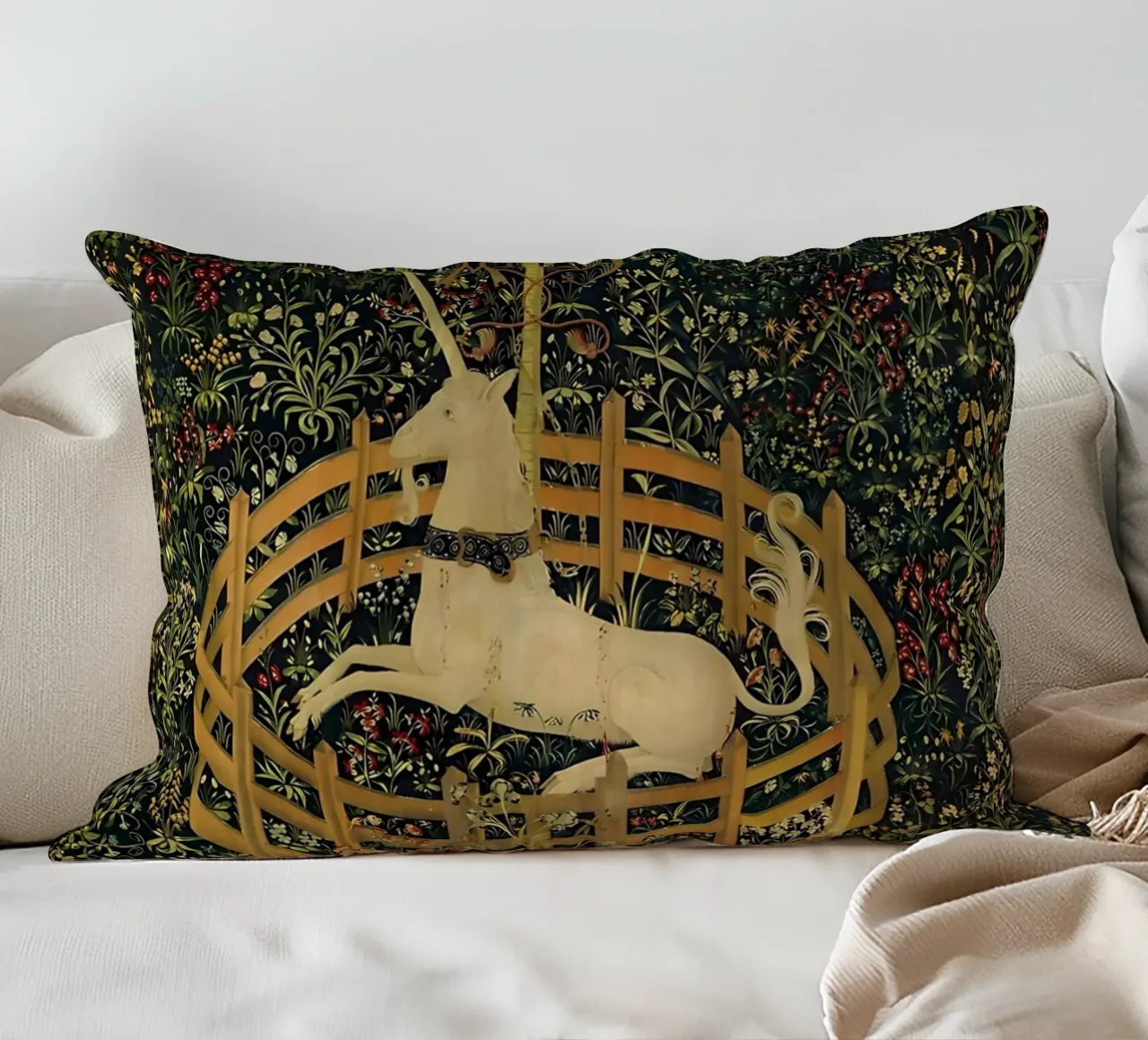 Unicorn in Captivity decorative cushion by William Store
