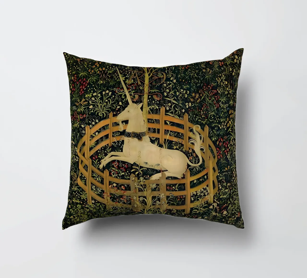 Unicorn in Captivity decorative cushion by William Store
