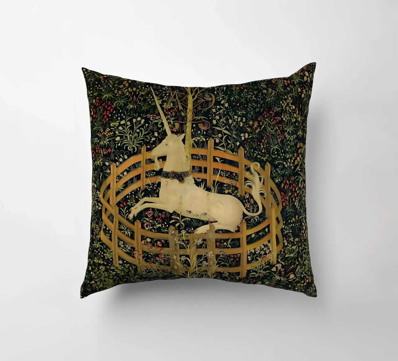 Unicorn in Captivity decorative cushion by William Store
