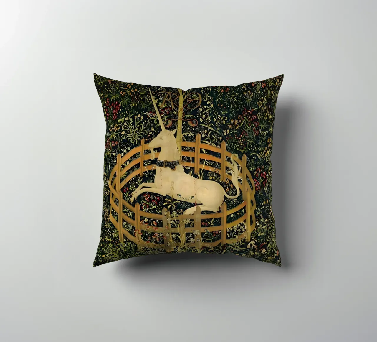 Unicorn in Captivity decorative cushion by William Store