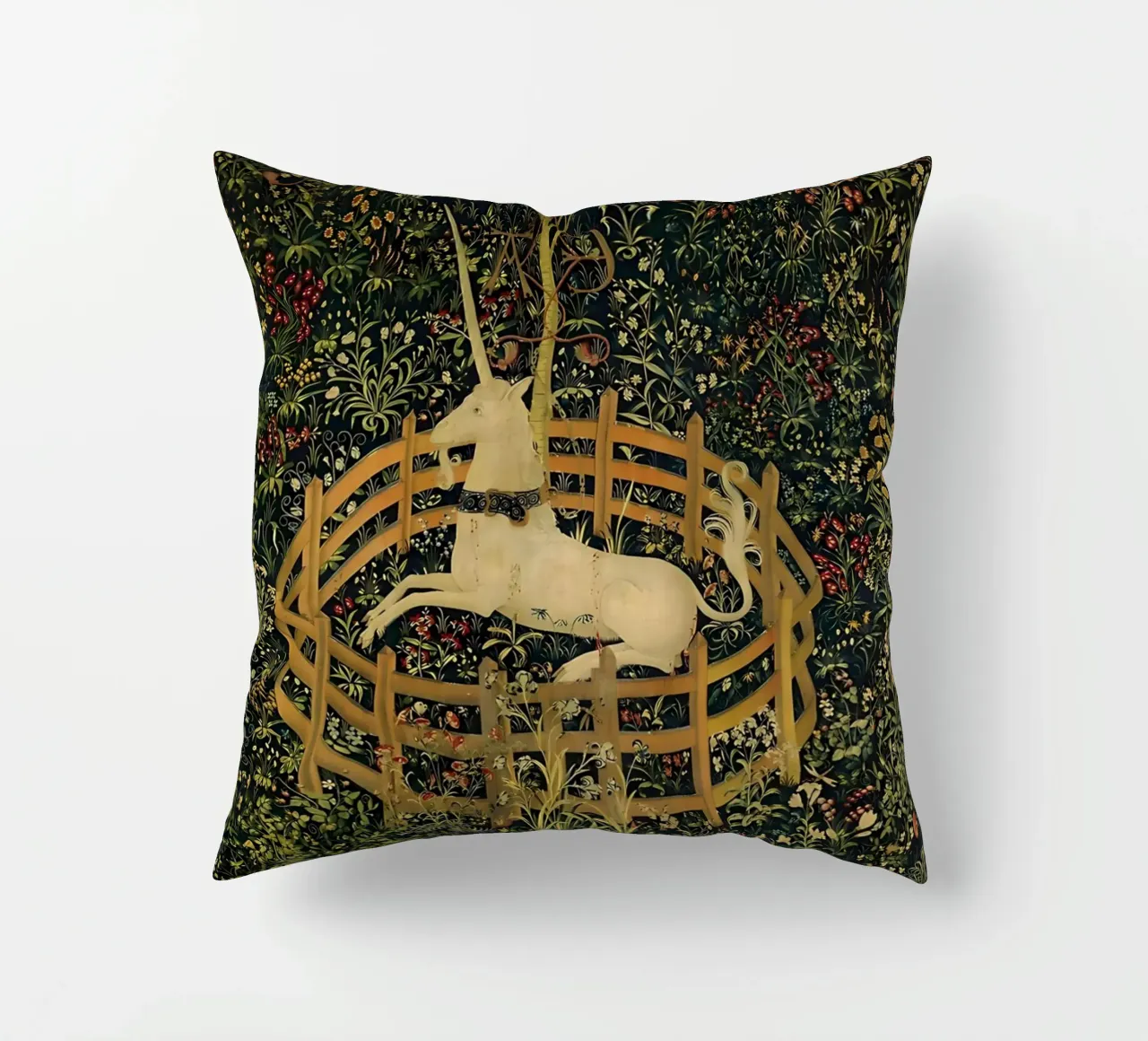 Unicorn in Captivity decorative cushion by William Store