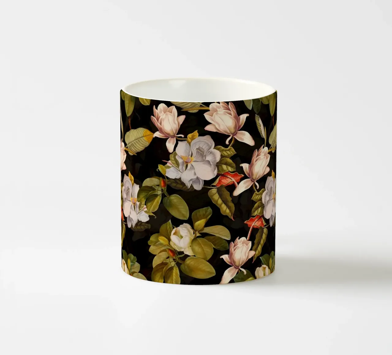 Giardino di magnolie di mezzanotte con fiori e foglie d'autunno tazza in ceramica da Vintage World - Uta Naumann