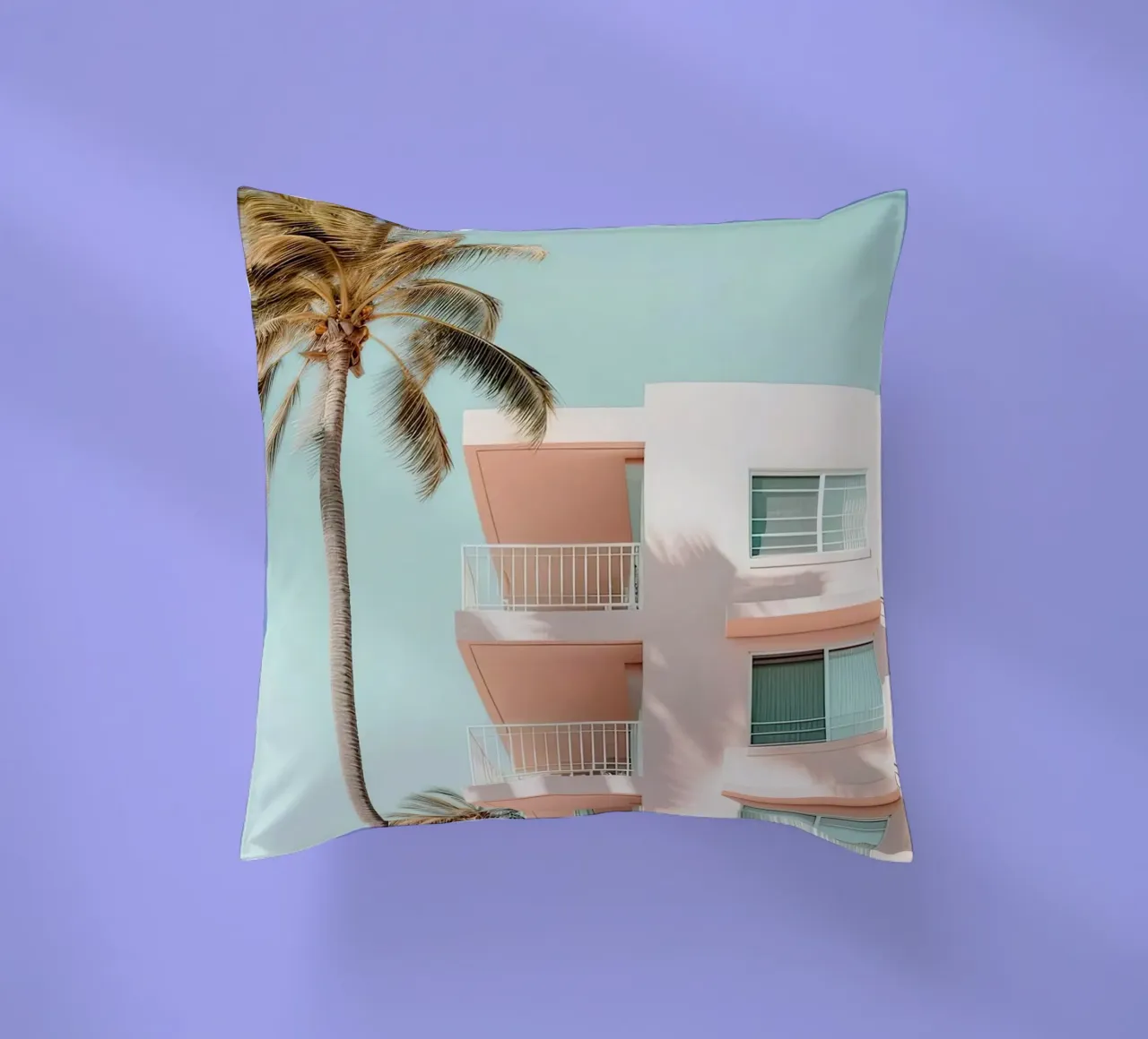 Pastel Pink Building With Palms Summer cuscino da Leonard Barreiro