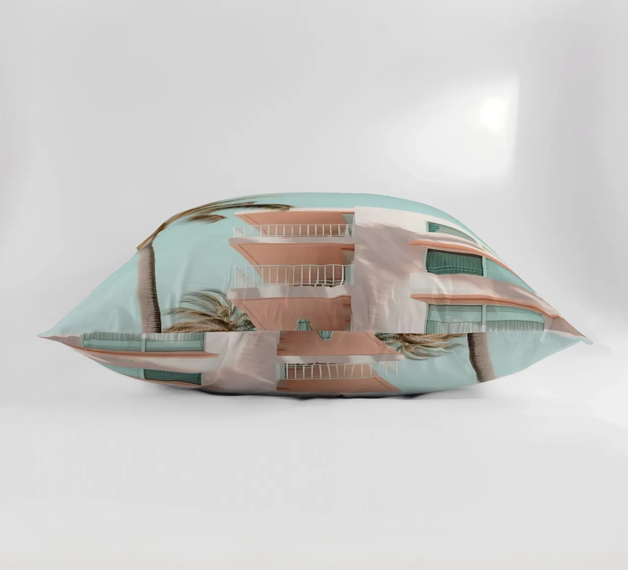 Pastel Pink Building With Palms Summer cuscino da Leonard Barreiro