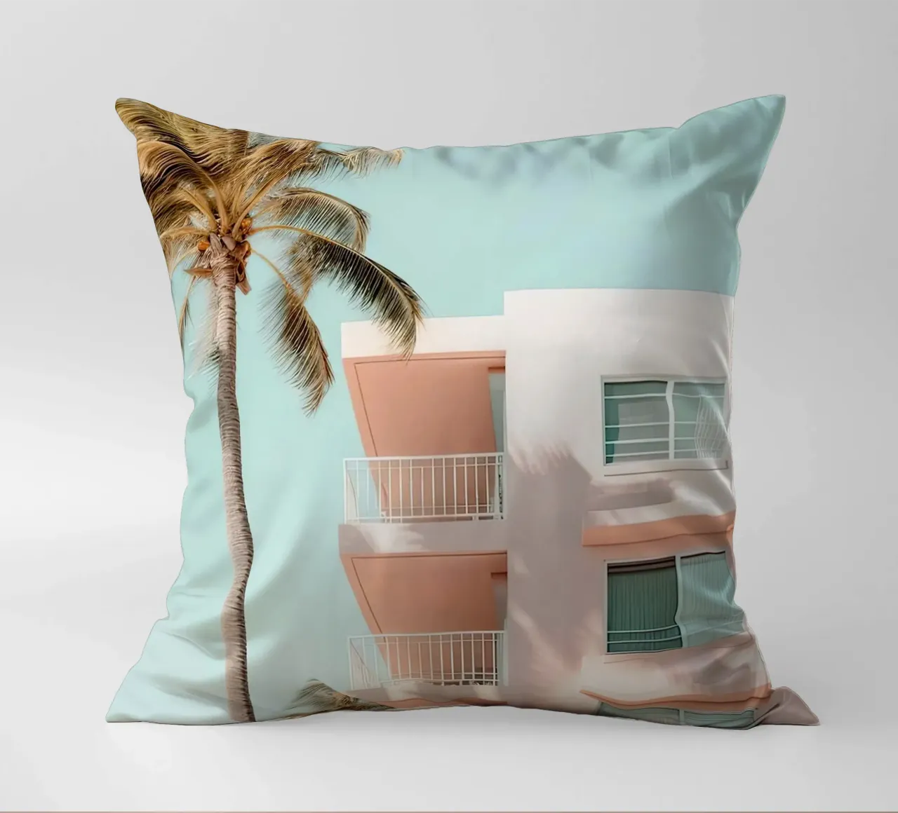 Pastel Pink Building With Palms Summer cuscino da Leonard Barreiro
