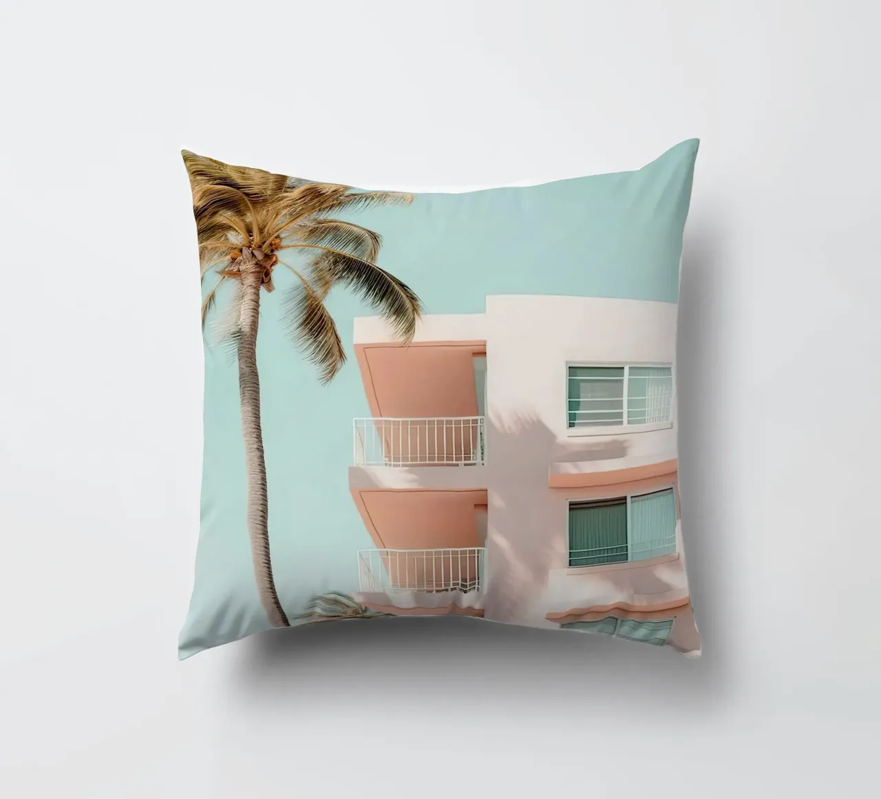 Pastel Pink Building With Palms Summer cuscino da Leonard Barreiro